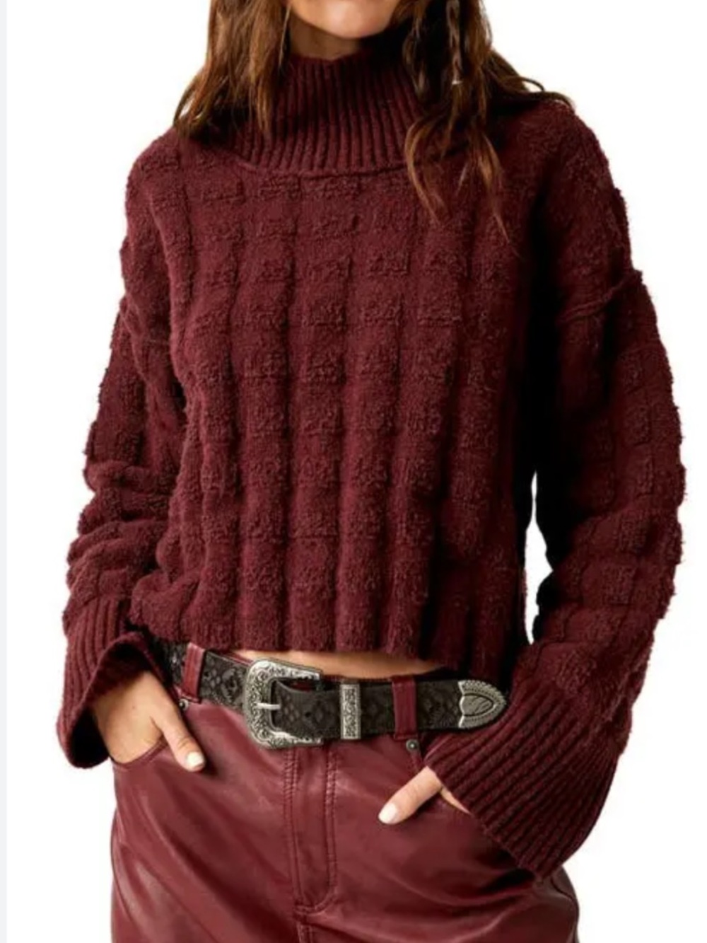 Free People Care Soul Searcher Wine Mock Neck Textured Sweater